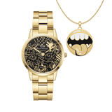 Gold Daniel Wellington watch with a black dial featuring Steven Harrington’s playful illustrations, paired with a matching gold pendant necklace displaying a bold graphic mouth motif. The set showcases a modern, artistic design with a polished gold link strap and a distinctive, creative touch.