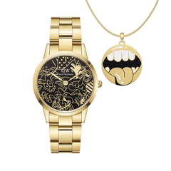 Gold Daniel Wellington watch with a black dial featuring Steven Harrington’s playful illustrations, paired with a matching gold pendant necklace displaying a bold graphic mouth motif. The set showcases a modern, artistic design with a polished gold link strap and a distinctive, creative touch.