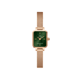 Rose gold rectangular women’s watch with emerald green sunray dial and mesh strap, Quadro Mini Melrose Emerald.
