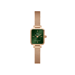 Rose gold rectangular women’s watch with emerald green sunray dial and mesh strap, Quadro Mini Melrose Emerald.