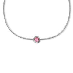 A polished S925 sterling silver snake chain necklace features a delicate charm with a faceted pink crystal centre.