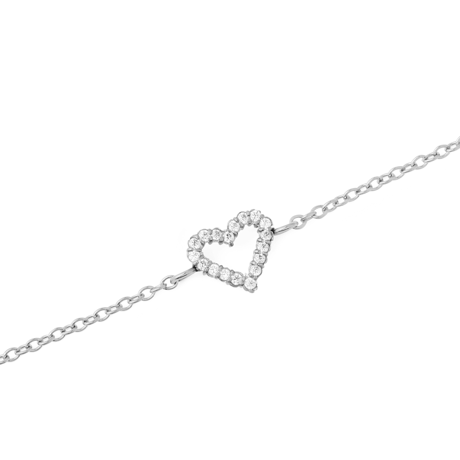 Close-up of the Mirelle Heart Bracelet Silver, showcasing its open heart charm set with sparkling white cubic zirconia crystals on a fine silver chain.