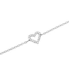 Close-up of the Mirelle Heart Bracelet Silver, showcasing its open heart charm set with sparkling white cubic zirconia crystals on a fine silver chain.
