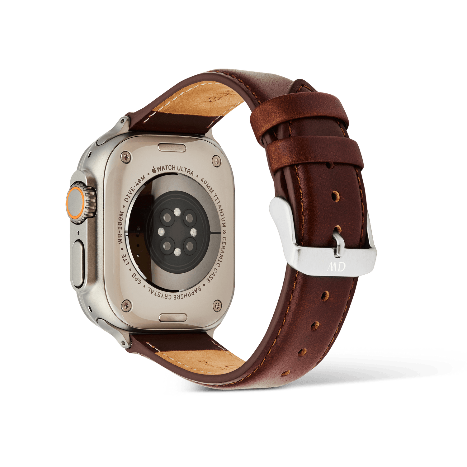 Rear view of an Apple Watch Ultra paired with a St Mawes brown leather strap, showcasing the polished silver pin buckle and detailed stitching for a refined, classic finish.
