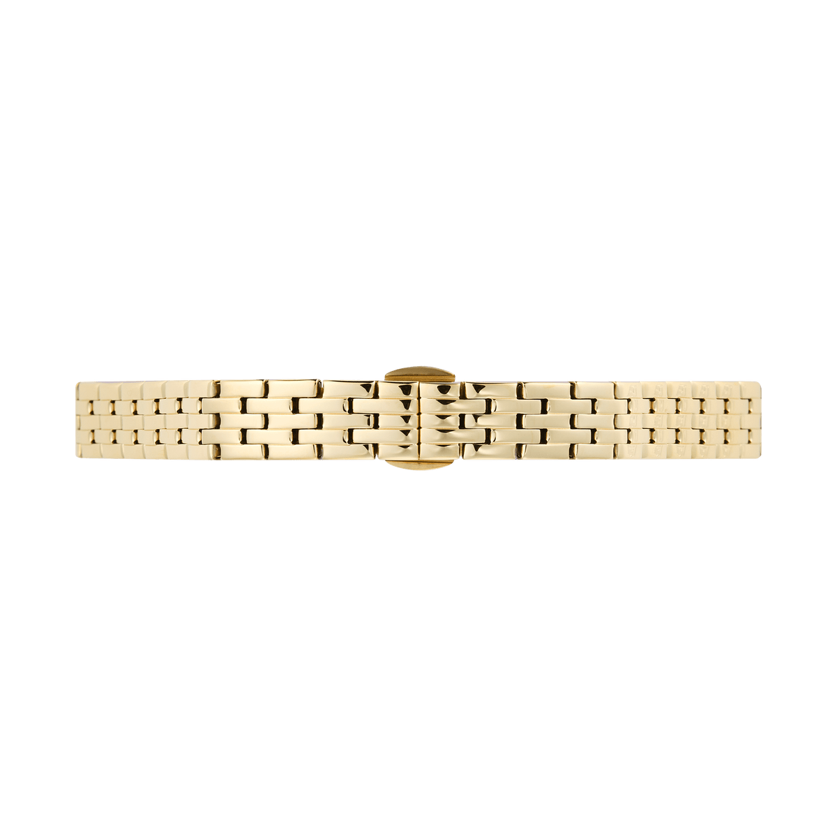 Polished gold 5-link stainless steel watch strap with a butterfly clasp, designed for Daniel Wellington timepieces and featuring a refined, elegant finish.
