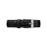 Slim black croc embossed leather watch strap with a polished silver buckle and engraved branding, offering a refined and versatile accessory for both men’s and women’s timepieces.