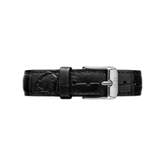 Slim black croc embossed leather watch strap with a polished silver buckle and engraved branding, offering a refined and versatile accessory for both men’s and women’s timepieces.