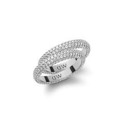 Two polished silver rings with pavé-set crystals, designed to be worn together or separately, featuring a refined, sparkling finish and subtle DW engraving on the inner band.
