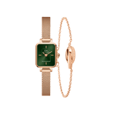 Rectangular Daniel Wellington watch with an emerald green dial and rose gold mesh strap, paired with a delicate rose gold Elan Unity Bracelet, both crafted from polished steel and designed for a refined, contemporary look.