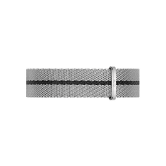 Grey NATO watch strap by Daniel Wellington, crafted from recycled nylon with a black central stripe and polished silver buckle.