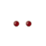 Rose gold stud earrings with round red agate centre and white cubic zirconia halo, elegant and timeless design.
