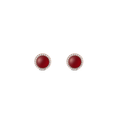 Rose gold stud earrings with round red agate centre and white cubic zirconia halo, elegant and timeless design.