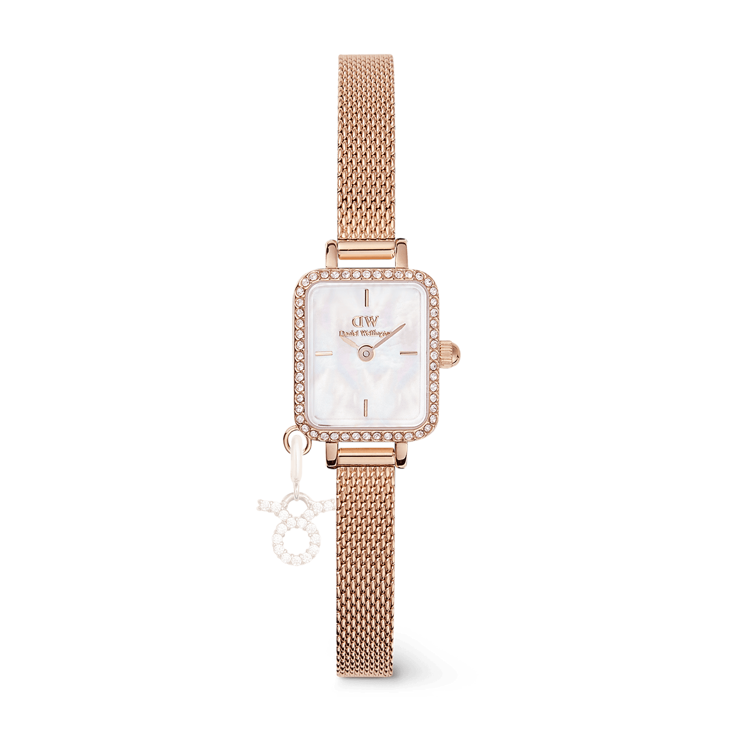 Elegant women's rose gold watch with a rectangular crystal-set bezel, white mother of pearl dial, and a fine mesh strap, featuring a sparkling zodiac charm attached to the band.