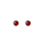 Pair of small gold stud earrings featuring domed red agate stones, each surrounded by a delicate halo of white cubic zirconia crystals. The elegant design highlights the rich red gemstone and sparkling accents, creating a refined and sophisticated look.
