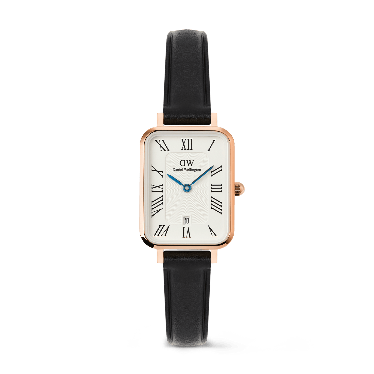 Rectangular rose gold women’s watch with a white guilloché dial, black Roman numerals, blue hands, date display at six o’clock, and a black leather strap.