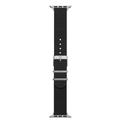 Black recycled polyester NATO smartwatch strap with silver hardware and subtle Daniel Wellington branding, designed to fit Apple Watch cases.