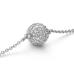 Close-up of the Pavé Crystal Pendant Bracelet Silver, showing the spherical pendant encrusted with sparkling cubic zirconia crystals on a fine silver chain.
