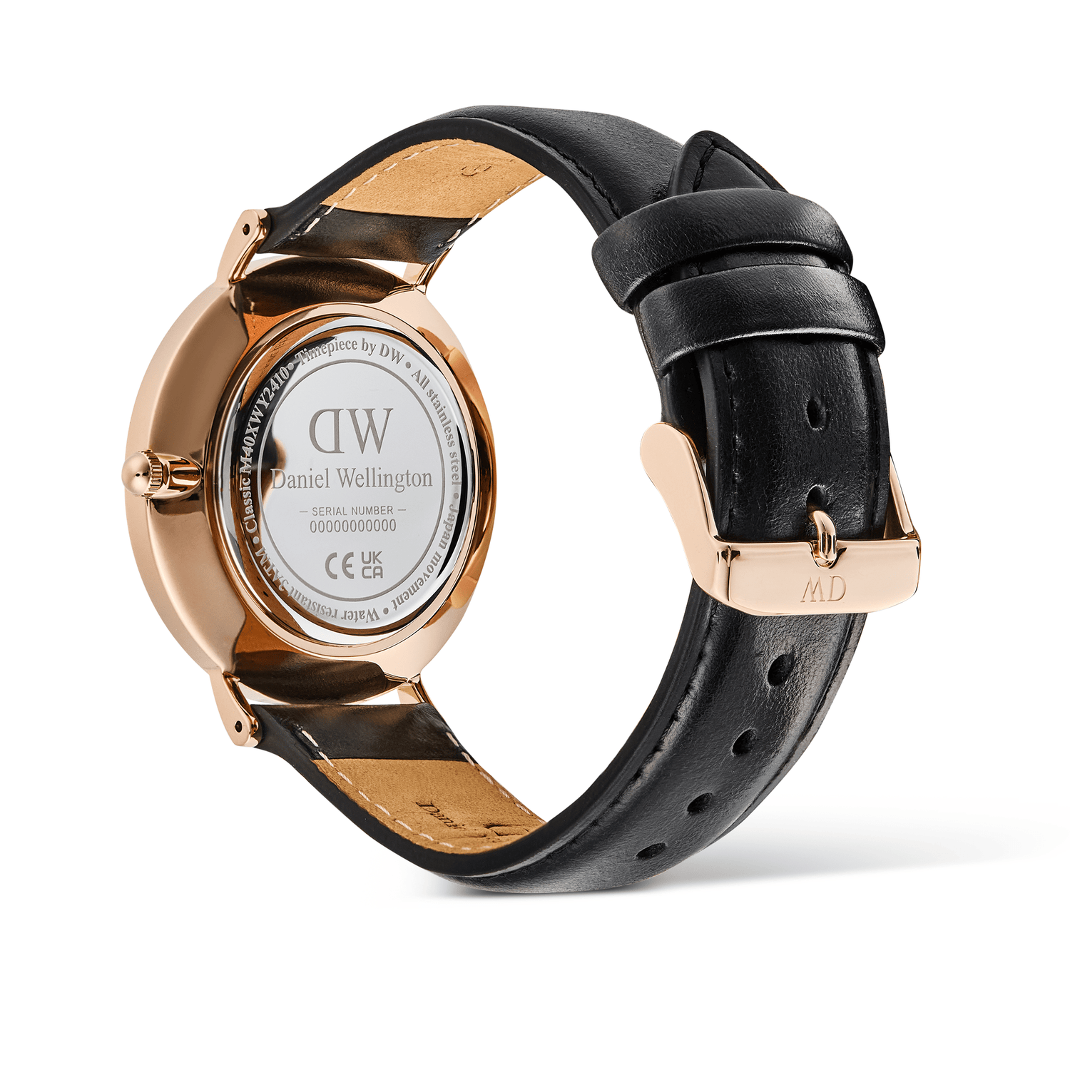 Rear view of the Classic Multi-Eye Sheffield Off-white Sunray Rose Gold watch, showing the engraved Daniel Wellington case back, rose gold detailing, and adjustable black leather strap with a rose gold pin buckle.