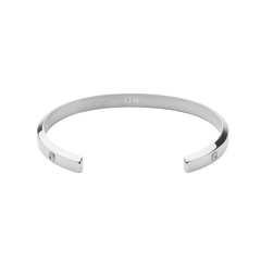 Classic Lumine Bracelet Silver 5.5mm shown from above, highlighting its open cuff design in polished stainless steel with subtle cubic zirconia crystal accents and a discreet interior engraving.
