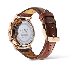 Rear view of the Iconic Chronograph St Mawes Amber RG, showing the engraved case back, rose gold detailing, and brown Napa leather strap with a polished gold buckle.