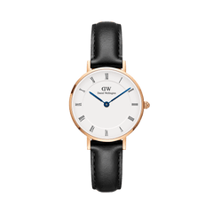 Petite Roman Numerals Sheffield Rose Gold watch with a white dial, blue steel hands, Roman numerals, rose gold case, and a black leather strap.