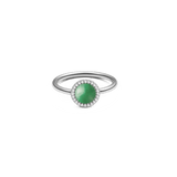 Silver ring with round green jade centrepiece, surrounded by white cubic zirconia, elegant and timeless jewellery.