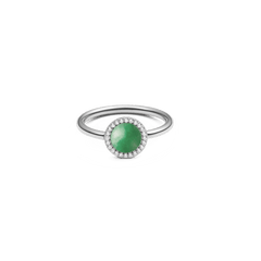 Silver ring with round green jade centrepiece, surrounded by white cubic zirconia, elegant and timeless jewellery.