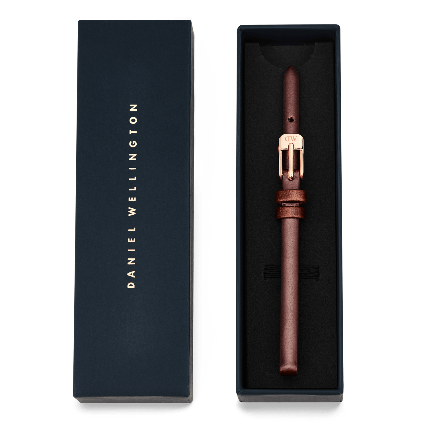 Pressed St Mawes Strap Rose Gold presented in a navy Daniel Wellington gift box, featuring a slim brown genuine leather band with a polished rose gold buckle.