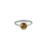 Silver ring with round Tiger Eye gemstone centre, surrounded by white cubic zirconia, slim band, elegant modern design.