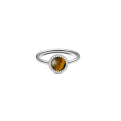 Silver ring with round Tiger Eye gemstone centre, surrounded by white cubic zirconia, slim band, elegant modern design.