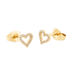 Gold open-heart stud earrings featuring a pavé setting of white cubic zirconia crystals and secure butterfly backs, offering a refined and modern look.