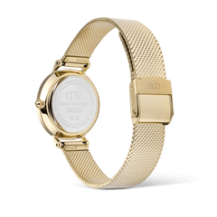 Back view of Petite Reflection Gold watch showing engraved case and adjustable gold mesh strap by Daniel Wellington.