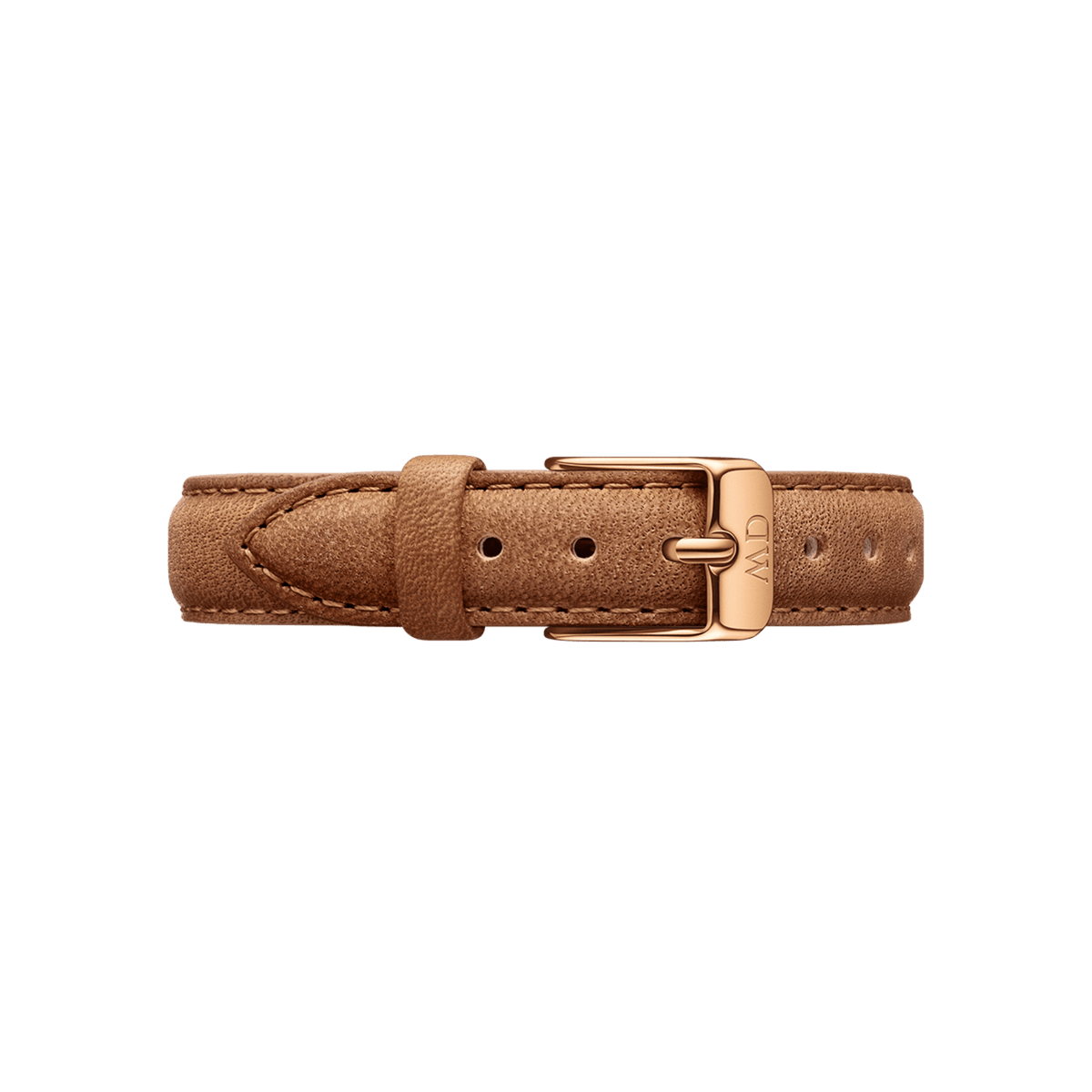 Durham Strap Rose Gold featuring light brown genuine leather with a vintage patina, detailed stitching, and a rose gold buckle engraved with the Daniel Wellington logo.