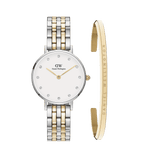 Two-tone women’s watch with a round white dial, crystal hour markers, and gold-tone hands, paired with a matching gold cuff bracelet engraved with Daniel Wellington. The watch features a five-link silver and gold strap, creating an elegant and timeless jewellery set.