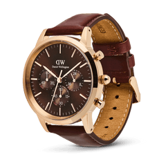 Iconic Chronograph St Mawes Amber RG men’s watch featuring a rose gold case, amber sunray dial with three chronograph sub-dials, and a brown Napa leather strap with visible stitching.