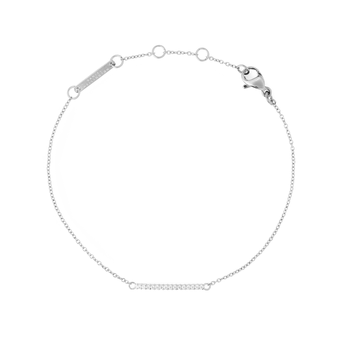 Slim silver bracelet featuring a delicate chain and a curved bar set with sparkling white cubic zirconia crystals, finished with an adjustable clasp for a refined, minimalist look.