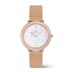 Rose gold women’s watch with a shimmering mother of pearl dial, sparkling crystal-set bezel, and a refined mesh strap, showcasing elegant and sophisticated design.