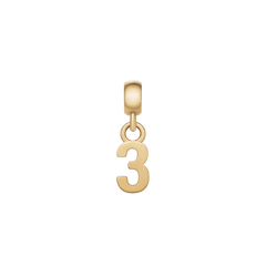 Gold number 3 charm with a smooth, polished finish and classic design, crafted from stainless steel with PVD gold plating for use on bracelets or necklaces.