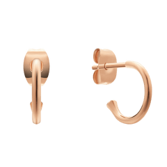 Pair of small open hoop earrings in polished rose gold-plated stainless steel with butterfly backs, shown from front and side angles.