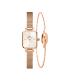 Rose gold rectangular mesh strap watch paired with a matching slender bracelet, both featuring a minimalist design and elegant detailing, ideal for a refined and contemporary look.