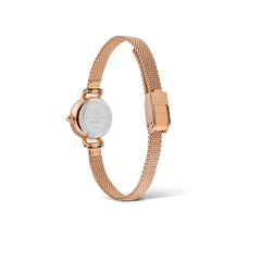 Rear view of the Petite Mini Champagne Melrose watch showing the engraved case back, adjustable rose gold mesh strap, and secure clasp.