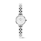 Petite Mini Arch 3-link White Silver watch featuring a petite round white dial, minimalist rectangular indices, and a polished silver arched 3-link stainless steel bracelet.