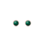 Rose gold stud earrings with round green malachite centre and cubic zirconia halo, elegant and timeless jewellery.
