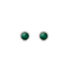 Rose gold stud earrings with round green malachite centre and cubic zirconia halo, elegant and timeless jewellery.