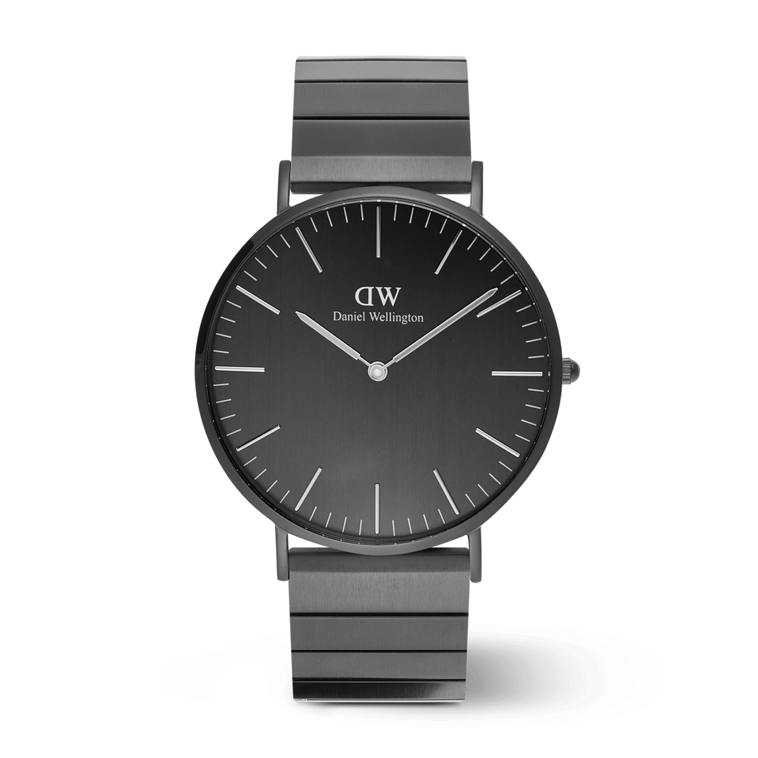 Classic Daniel Wellington men’s watch featuring a brushed onyx black dial, minimalist hour markers, and a distinctive stainless steel piano link strap.