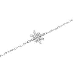 Close-up of the Mirelle Star Bracelet Silver, showcasing its fine silver chain and a central star charm adorned with sparkling white cubic zirconia crystals for a refined, minimalist look.