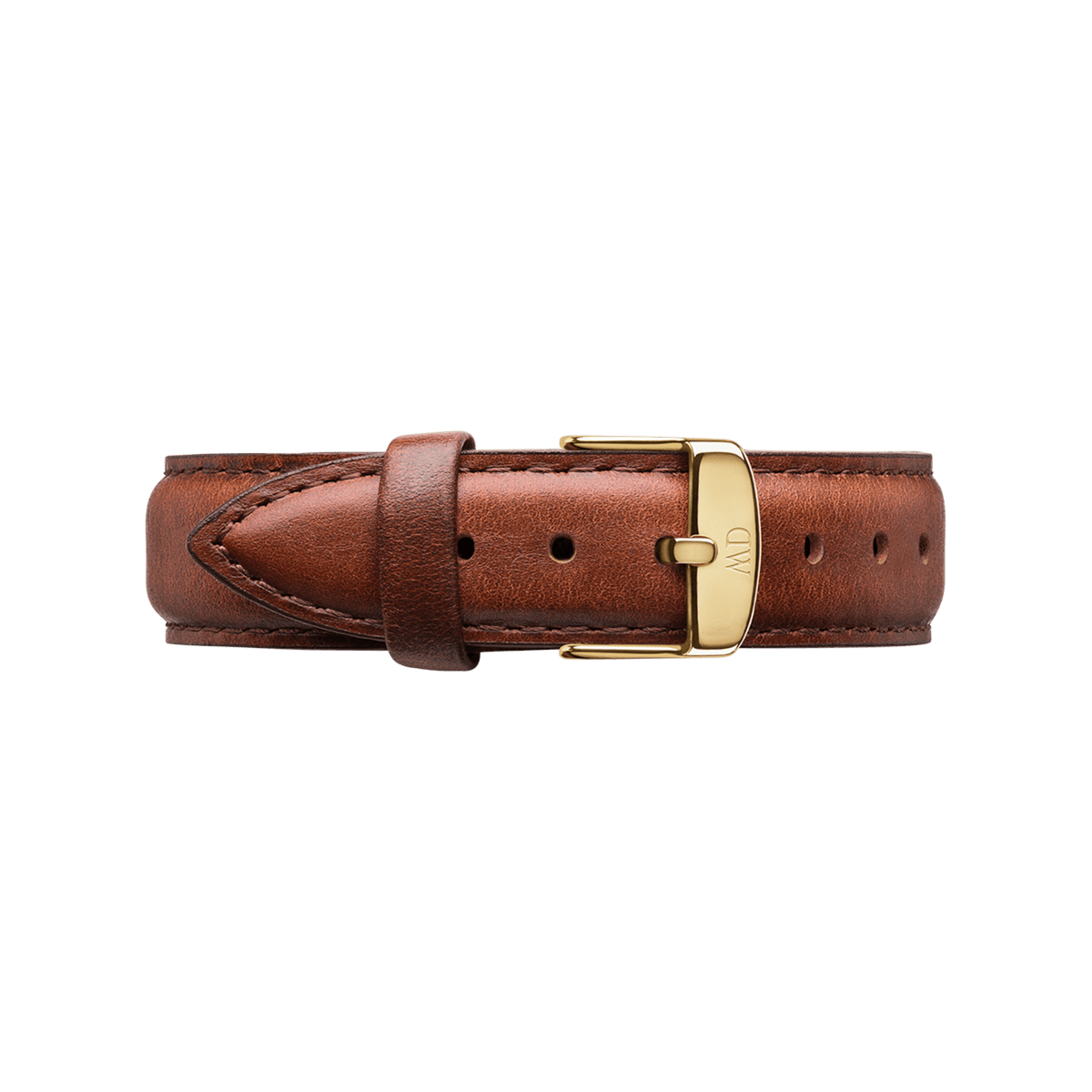 Brown St Mawes leather watch strap with fine stitching and a gold-tone engraved buckle, offering a classic and versatile accessory for Daniel Wellington watches.