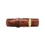 Brown St Mawes leather watch strap with fine stitching and a gold-tone engraved buckle, offering a classic and versatile accessory for Daniel Wellington watches.