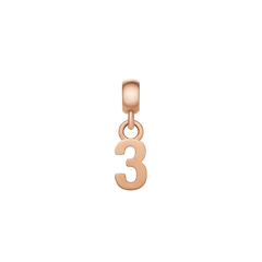 Rose gold number 3 charm with a smooth, polished finish and modern minimalist styling, designed for easy attachment to bracelets or necklaces.