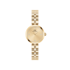 Gold women’s watch with a round minimalist dial, four crystal hour markers, and a polished 3-link bracelet strap.